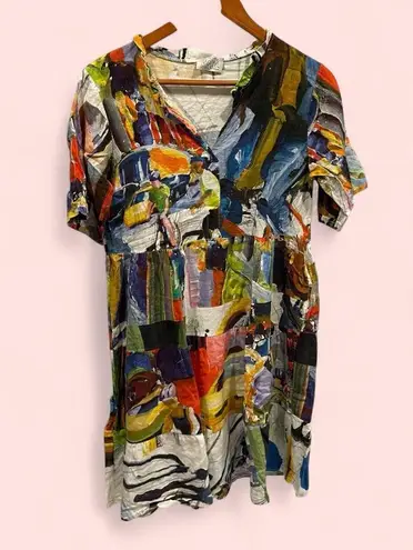 AQRL abstract art roll sleeve Basquiat ruffle mini linen blend breezy boutique Red