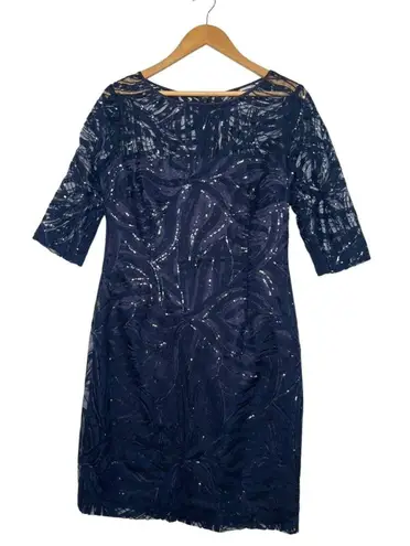 Tahari Dress Womens 10 Blue Sequined Lace Sheath Cocktail Party Formal Elegant
