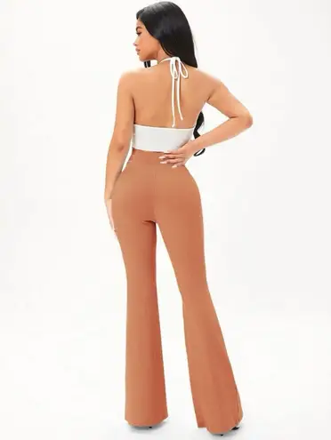 SheIn Burnt Orange Solid Rib Knit Flare Leg Pants