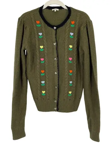 Manoush Wool Blend Embroidered Cardigan Grandmacore Sweater Size M Green French Size M