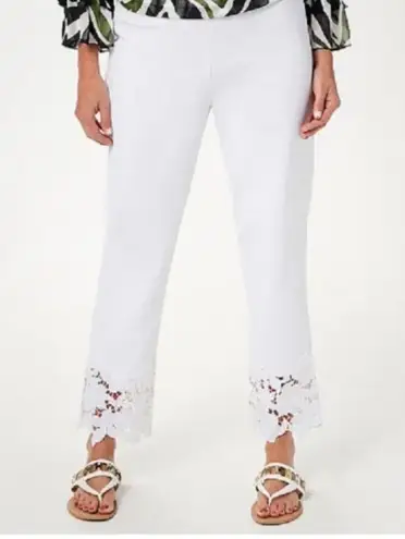 Dennis Basso Regular Luxe Crepe Slim-Leg Ankle Pants with Lace White Size XS