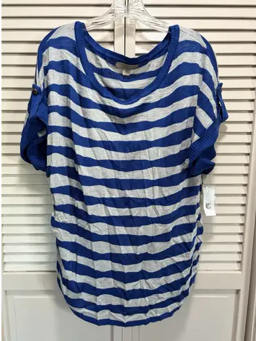 One A Blue/Gray Striped Short Tab Sleeve Sweater Size 2XL NWT Soft Knit White