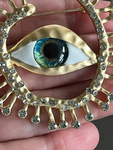 Anthropologie Restored Vintage Evil Eye Oversized Gold Crystal Pos Energy Brooch Pin