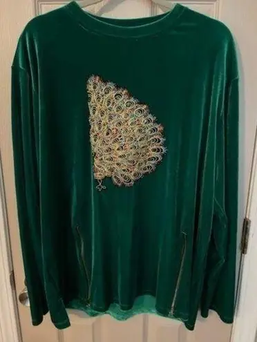 Slave to Art vintage green velour tunic with sequined & embroidery peacock. Size L
