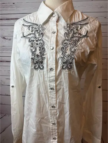 Roar Western Shirt large Signature Cowgirl Rodeo Pageant Blouse White Lace Bling