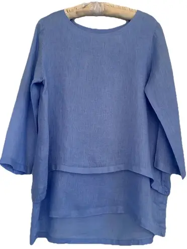 Crown Linen Designs Audrey Blue Layered Tunic Top 100% Linen Women’s S Lagenlook