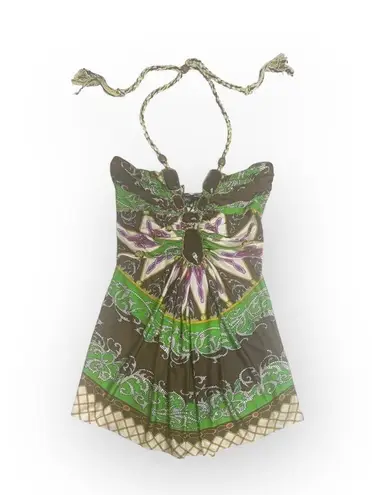 aso TV’s 90210 ✦ Sky ✦ Jeweled Neck Bold Print Silk Halter Top ✦ Braided Straps Size XS