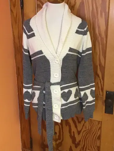 Forever 21  Gray and Cream Heart Belted Cardigan Sweater