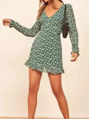 Reformation | Eleanor Open Back Long Sleeve Mini Dress in Green