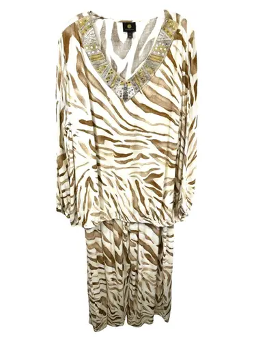 JM Collection Plus Size 3X Pant Set Blouse Zebra Print Beaded Long Sleeve Top C