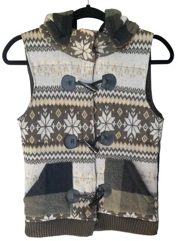 Sweater Project Fair Isle Nordic Quilted Hooded Sweater Vest Snowflake Brown Knit S - Image 1
