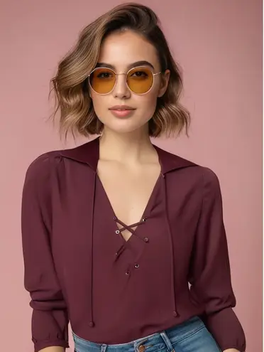 Frame Women's Lace-Up Silk Blouse Red Collared Long Sleeve XS