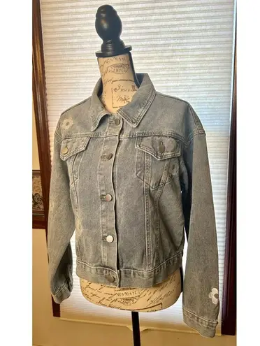 NWOT Miss Sparkling Small Cropped Embroidered w Flowers & Mushroom Jean Jacket Blue