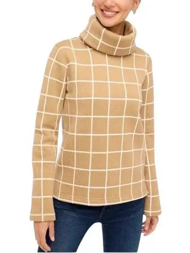 J. Crew Windowpane Fleece Lined Funnelneck Pullover Sweater Camel Tan Size M Size M