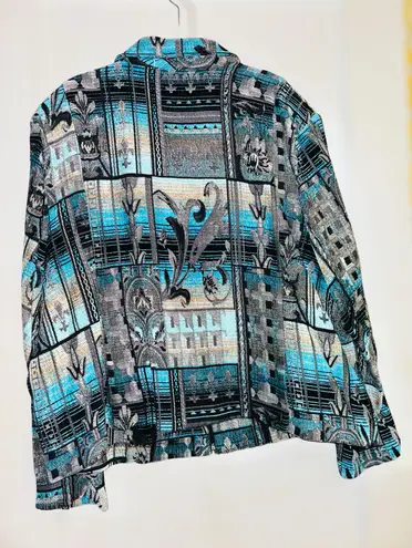 Dress Barn  Women's Size 3X 3/4 Zip Up Blue Black Silver Tapestry Patchwork Jacket