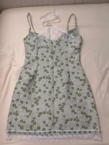 Green Floral Jacquard Halter Dress with Lace Hem Size L