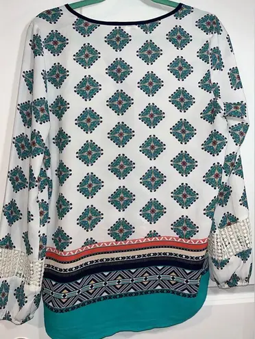 Black Rainn Cold Shoulder Multicolored Bell Sleeve Tunic with Tassels Size Med