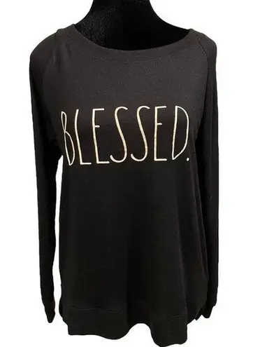 Rae Dunn NEW  Black White Blessed Verbiage Raglan Stretch Long Sleeve Casual Top