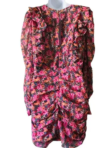 ZARA  Pink Floral‎ Draped Long Puff Sleeve Ruffle Mini Dress Size M Blogger Fav