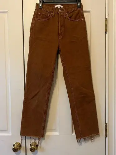 RE/DONE  Brown 70s Ultra High Rise Stovepipe Jeans in Washed Terracotta