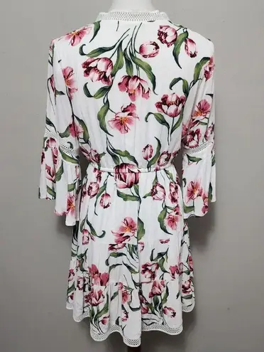 JODIFL white pink floral bell sleeve tiered mini dress size small