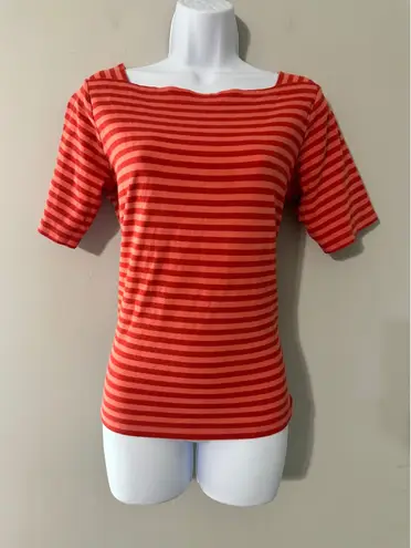 LLBean Women Striped Boat Neck Short Sleeve Top Coral Red Size M REG Size M