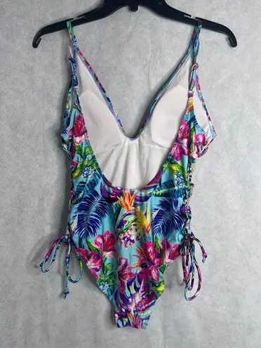 Stylish Swimwear Triangle Top Tie Side Tropical Pattern Deep V Swimsuit Sz LG Blue