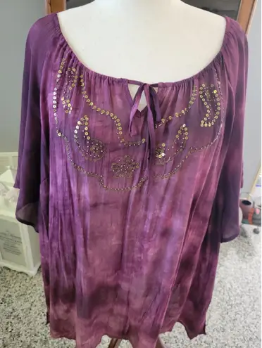 Maggie Barnes 4X Purple Tie Dye Sequin Embellished Sheer Top Blouse