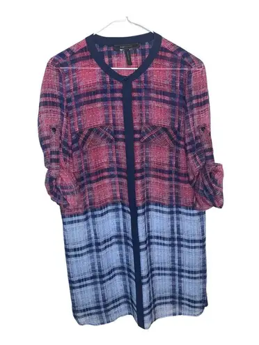 BCBGMAXAZRIA  chiffon plaid tunic length button down top