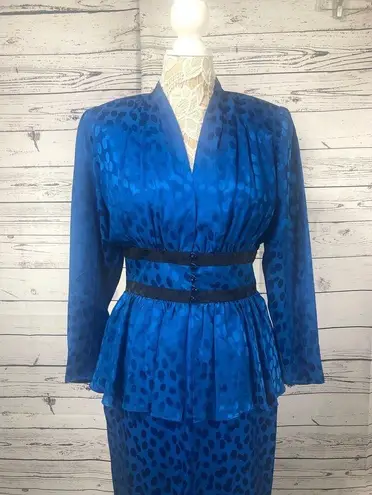 Vintage Silk Studio Blue & Black polkadot fitted waist top & skirt size 12
