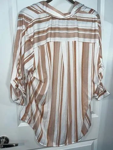 Eden & Olivia Button Up Orange & White Stripes Chic Flare Pocket Blouse Size XL
