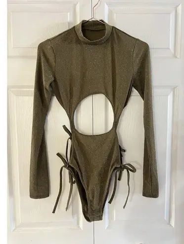 Savage X Fenty Bodysuit Green Shine Strapy Teddy Thong Mock Neck Size M