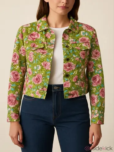 Vintage floral cropped jean jacket • Lime Green and hot pink • denim jacket rose