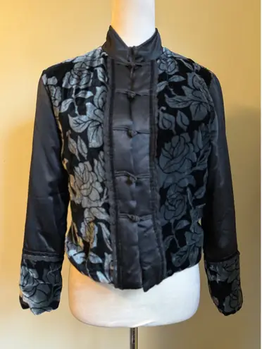 Black Velvet Rose Floral silk Jacket coat S boho whimsigoth fairy Y2K vintage