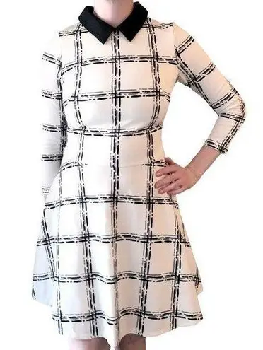 Eliza J Fit & Flare Preppy White Black Plaid Pattern Office work Collar Dress