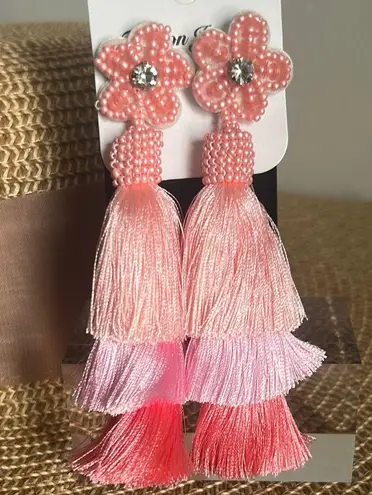 Glam Black and Pink Drop Tassel Rhinestone and Bead Accent Earrings Set
