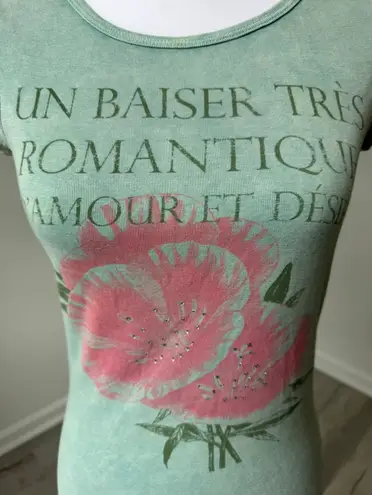 One World Romantic French Floral Graphic Tee Puff Sleeve Rhinestone Sz S Y2K