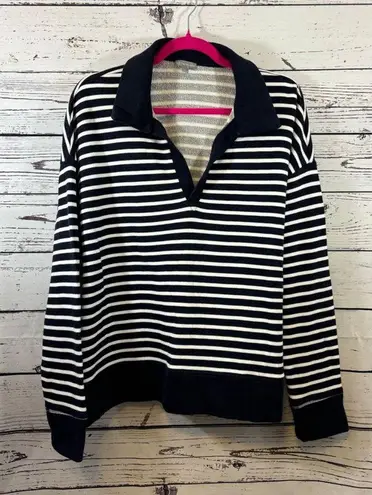 Women's T by Talbots Navy Blue White Stripe Collared Sweatshirt L Size L