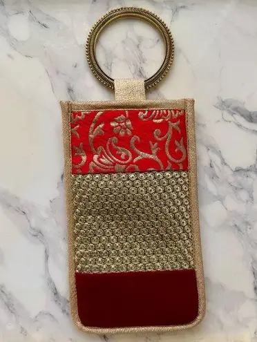 Red Floral Embroidered Velvet Wristlet phone or multipurpose Pouch