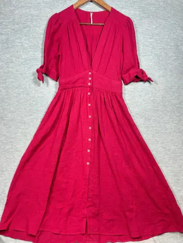 Free People  XS Dress Love of My Life Red V Neck Button Front Midi Tie Sleeve