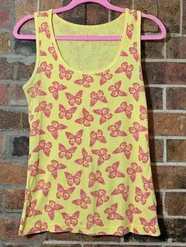 Yellow butterfly tank top with pink butterflies Size L