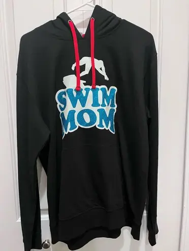 Swim Mom Oversized SzL Lightweight Hoodie Black W/Red & Blue Glitter Bling Size L