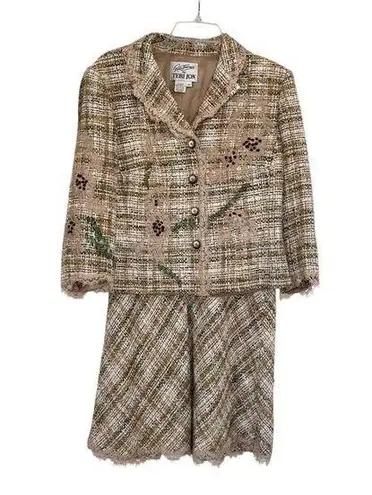 Vintage Rickie Freeman Teri Jon Beige Green Tweed Lace Trim 2 Piece Skirt Set 12 White