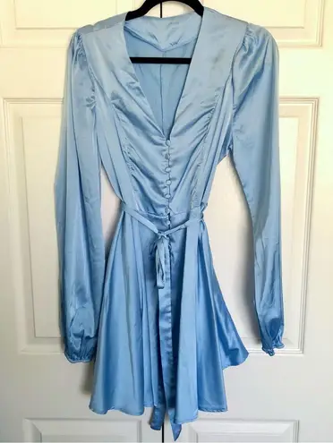Long Sleeve Light Blue Satin Mini Dress Size M Size M