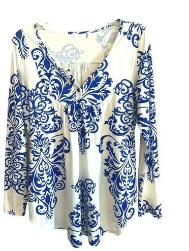 Halife Womens Long Sleeve Blue and White Abstract Patterned Tunic Top M