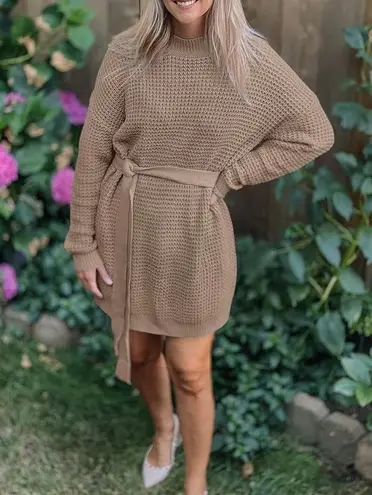 NWT Cozy Waffle Knit Crewneck Sweater Dress with Belt Tan Size Small