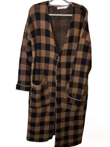 ASTR  the Label FLAW Buffalo Plaid Button Front Longline Cardigan Brown Large