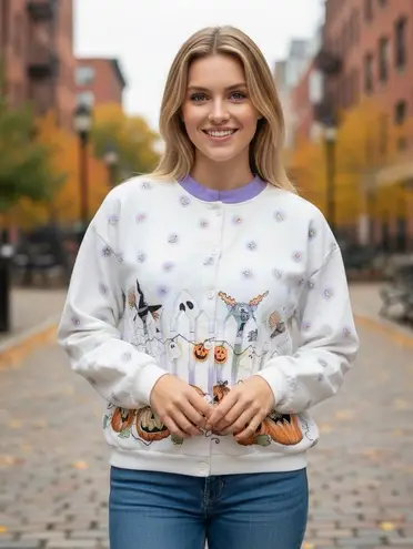 Vintage Nichole Kuehl Sunschein Designs Halloween Fleece Button Front Cardigan White Size XL