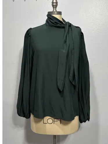 Prologue Tie Neck Blouse Womens M Green Long Sleeves Elegant Flatering Top