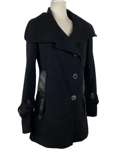 Trilogi Wool Blend Coat Black Faux Leather Trim Single Breasted Jacket Medium